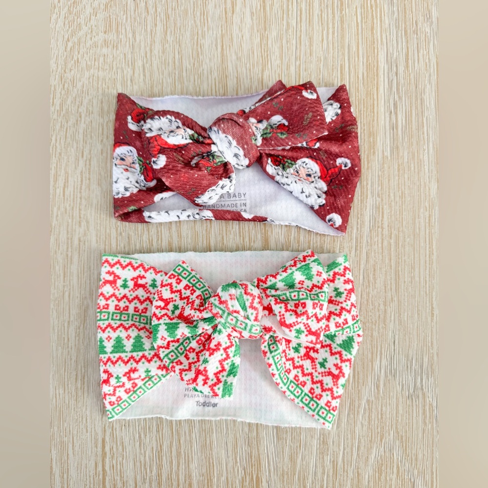 Handmade Toddler Holiday Bow Headbands - Red Santa & Festive Green-Red Fair Isle